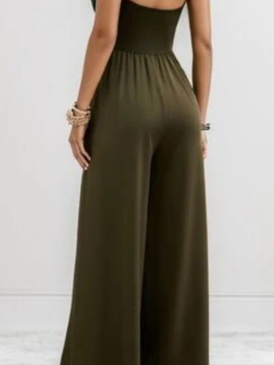 Emery Rose Pants - Smocked Bodice Wide-Leg Olive Jumpsuit for Women